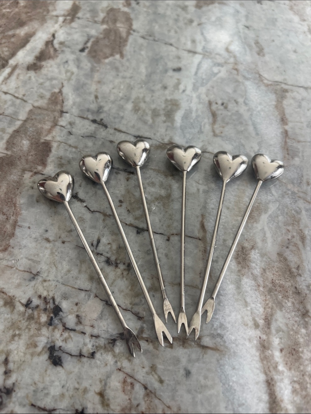 Set of 6 Silver Heart Cocktail Forks